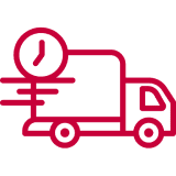 Red outline icon of a delivery truck with a clock, indicating fast or timely shipping service.