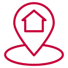 Red map pin icon with a house inside, placed on a circular base.